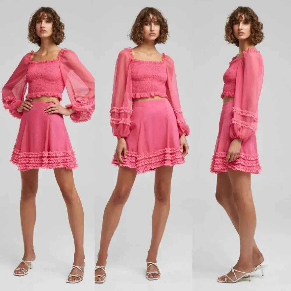 Anthropologie KEEPSAKE Moonlight Puff-Sleeve Top Pop Pink Size Small NWOT $145